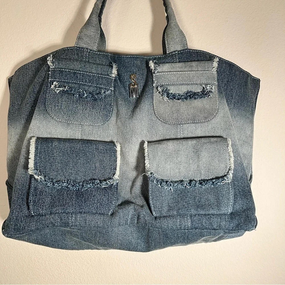 Steve Madden Large Denim Tote Bag with Multi Pockets | Oversized Casual Carryall